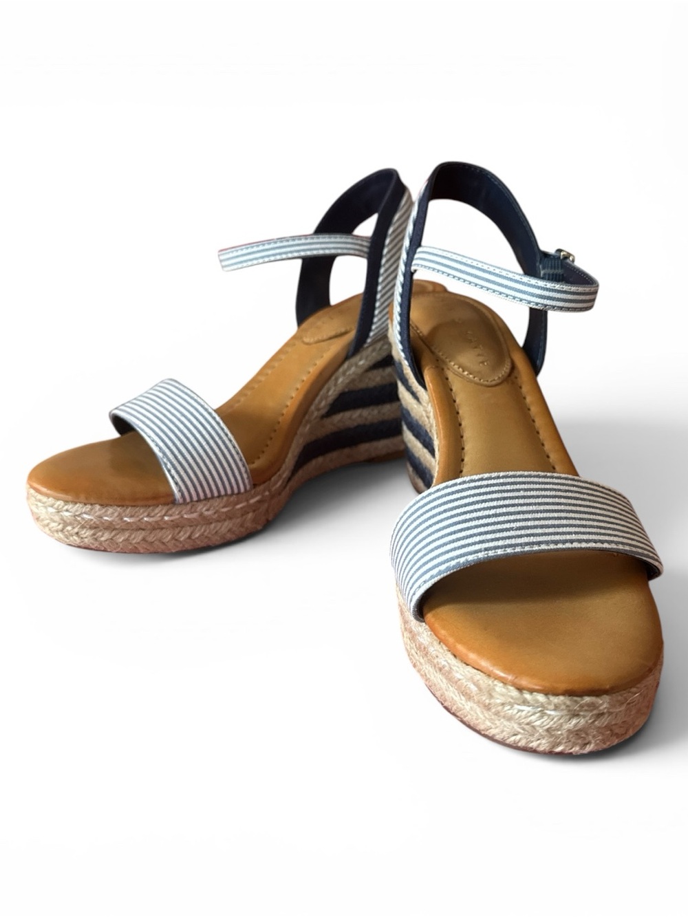 Kelly & Katie Navy and White Striped Espadrille Wedge Sandals - Size 7